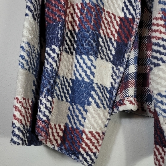 Vince Camuto Plaid Fleece Jacket Size L Shacket Open Front Cozy Red Blue Pockets - Picture 4 of 14